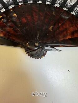 Victorian Antique Mourning Tortoise Black Lace LARGE fan14k Gold Monogram Mount