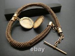 Victorian Antique Mourning Woven Hair Gold Filled Watch Fob Locket Chain