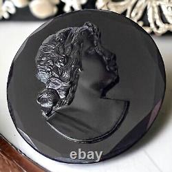 Victorian Black Jet Glass Cameo Mourning Brooch Antique C Clasp