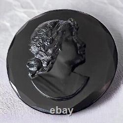 Victorian Black Jet Glass Cameo Mourning Brooch Antique C Clasp