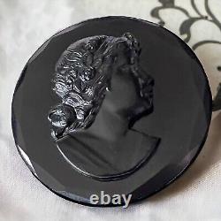 Victorian Black Jet Glass Cameo Mourning Brooch Antique C Clasp