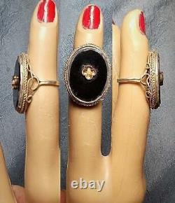 Victorian Black Jet Glass Seed Pearl Ring, Large Early 1900s Cabochon, Sterling