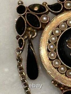 Victorian Edwardian 14k gold Mourning Pin Brooch with pearls onix and chains