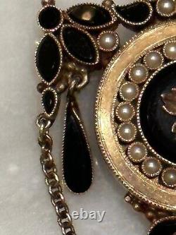 Victorian Edwardian 14k gold Mourning Pin Brooch with pearls onix and chains