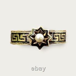 Victorian Era Pearl Mourning Ring Greek Key Antique Black Enamel Women's Jewelry