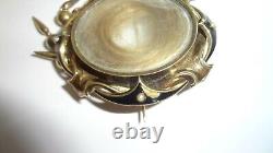 Victorian Etruscan Mourning Dangles Brooch Locket 14K Gold, Enamel, Seed Pearls