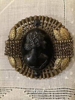 Victorian Gilt Metal And Onyx Cameo Portrait Large Pin