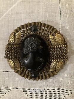 Victorian Gilt Metal And Onyx Cameo Portrait Large Pin