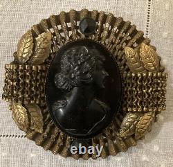 Victorian Gilt Metal And Onyx Cameo Portrait Large Pin