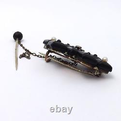 Victorian Gold Filled Jet Seed Pearl Mourning Brooch Flower Pin