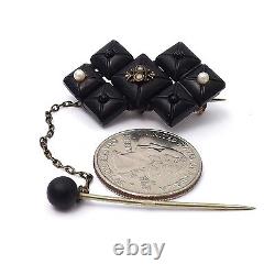 Victorian Gold Filled Jet Seed Pearl Mourning Brooch Flower Pin