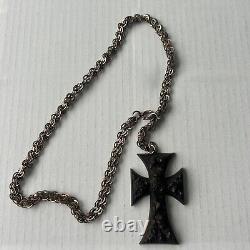 Victorian Gutta Percha Mourning Black Carved Cross w Gold Filled Chain Goth