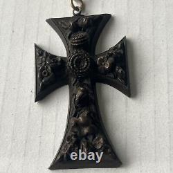 Victorian Gutta Percha Mourning Black Carved Cross w Gold Filled Chain Goth