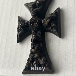 Victorian Gutta Percha Mourning Black Carved Cross w Gold Filled Chain Goth