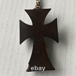 Victorian Gutta Percha Mourning Black Carved Cross w Gold Filled Chain Goth