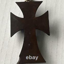 Victorian Gutta Percha Mourning Black Carved Cross w Gold Filled Chain Goth