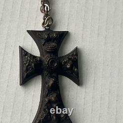 Victorian Gutta Percha Mourning Black Carved Cross w Gold Filled Chain Goth