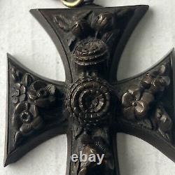 Victorian Gutta Percha Mourning Black Carved Cross w Gold Filled Chain Goth