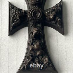 Victorian Gutta Percha Mourning Black Carved Cross w Gold Filled Chain Goth