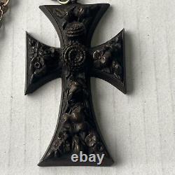 Victorian Gutta Percha Mourning Black Carved Cross w Gold Filled Chain Goth