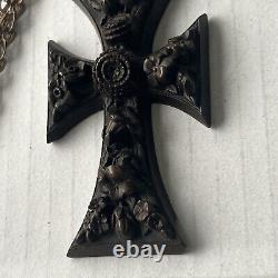 Victorian Gutta Percha Mourning Black Carved Cross w Gold Filled Chain Goth