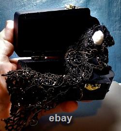 Victorian Lady Wakes In Casket. White Glass Face with 1900 Mourning Beaded Shawl