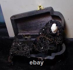 Victorian Lady Wakes In Casket. White Glass Face with 1900 Mourning Beaded Shawl