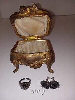 Victorian Macabre Memento Mori Skull Ring, Human Hair Earrings Coffin Box 1884