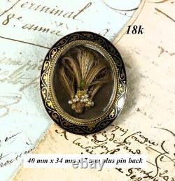 Victorian Mourning Brooch, 18k Gold Face, Black Enamel, Hair Locket, Seed Pearls