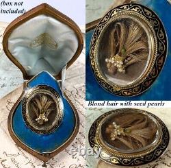 Victorian Mourning Brooch, 18k Gold Face, Black Enamel, Hair Locket, Seed Pearls