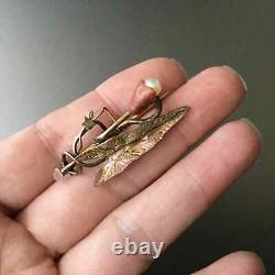 Victorian Mourning Calla Lily Pearl Brooch Rose Gold Engraved Chased Leaf