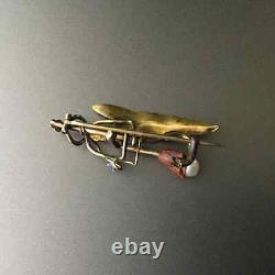 Victorian Mourning Calla Lily Pearl Brooch Rose Gold Engraved Chased Leaf