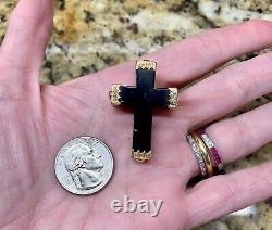 Victorian Mourning Cross Brooch Made of Jet and 10K Gold