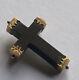 Victorian Mourning Etruscan Cross Pin 10K Yellow Gold Engraved Caps