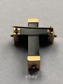 Victorian Mourning Etruscan Cross Pin 10K Yellow Gold Engraved Caps