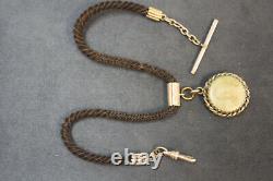 Victorian Mourning Jewelry GF Woven Hair Pocket Watch Chain Boy & Girl Portraits