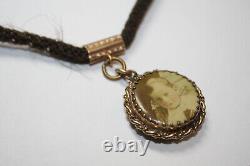 Victorian Mourning Jewelry GF Woven Hair Pocket Watch Chain Boy & Girl Portraits