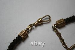 Victorian Mourning Jewelry GF Woven Hair Pocket Watch Chain Boy & Girl Portraits