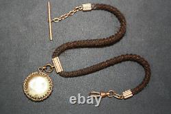 Victorian Mourning Jewelry GF Woven Hair Pocket Watch Chain Boy & Girl Portraits