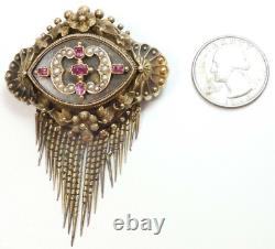 Victorian Mourning Locket Pendant 18KY Ruby Brooch Pin 2.08 x 1.69