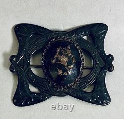 Victorian Mourning Metal Black Brooch Pin Art Nouveau Large Oval Stone