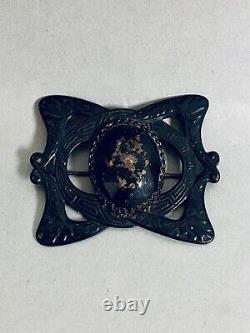 Victorian Mourning Metal Black Brooch Pin Art Nouveau Large Oval Stone