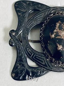 Victorian Mourning Metal Black Brooch Pin Art Nouveau Large Oval Stone