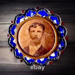 Victorian Mourning Photo Pin Man Blue Red Enameled 1800s Antique