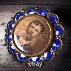 Victorian Mourning Photo Pin Man Blue Red Enameled 1800s Antique