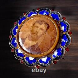 Victorian Mourning Photo Pin Man Blue Red Enameled 1800s Antique