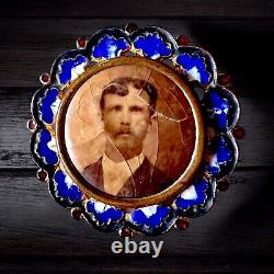 Victorian Mourning Photo Pin Man Blue Red Enameled 1800s Antique