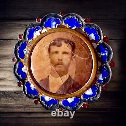 Victorian Mourning Photo Pin Man Blue Red Enameled 1800s Antique