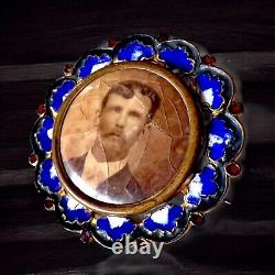 Victorian Mourning Photo Pin Man Blue Red Enameled 1800s Antique