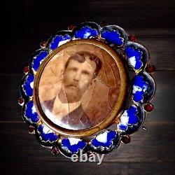 Victorian Mourning Photo Pin Man Blue Red Enameled 1800s Antique